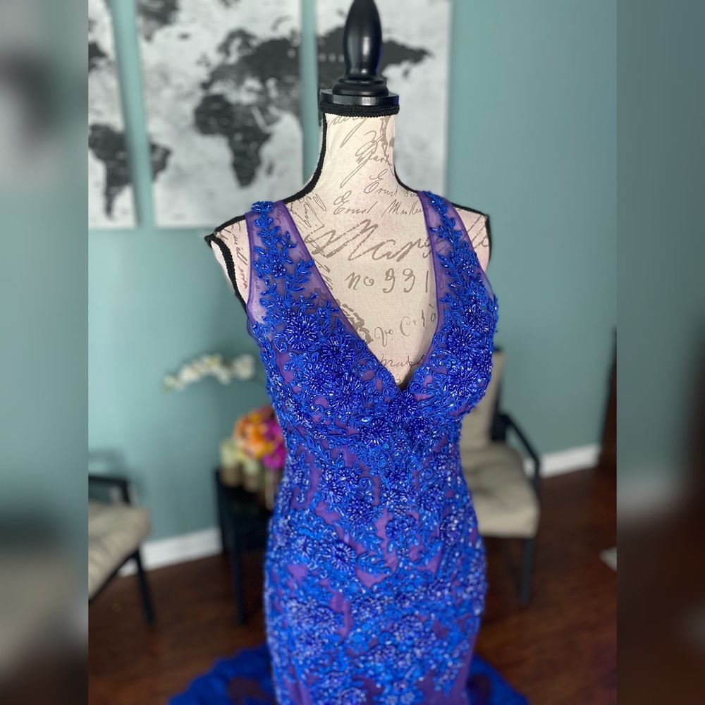 Blue Sleeveless Mermaid Lace Prom Dresses With Beaded,DP891 main image 1